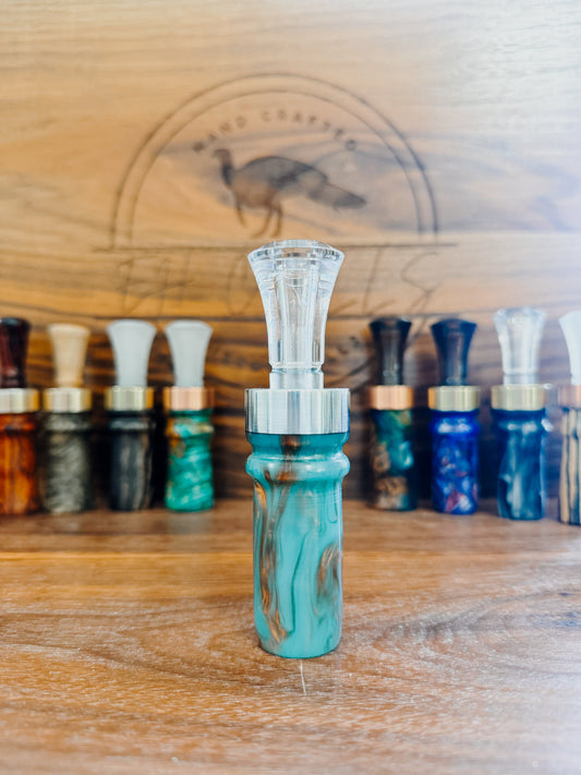 Teal/gold acrylic double reed, duck call