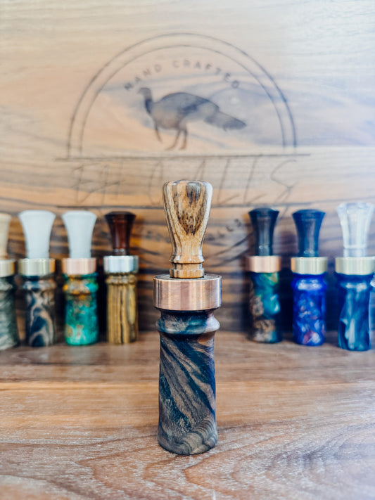 Walnut barrel / zebrawood insert double reed, duck call