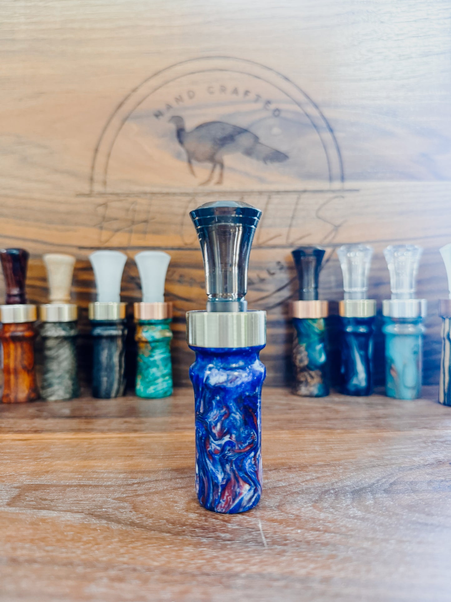 Blue/red acrylic double reed, duck call