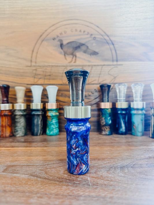 Blue/red acrylic double reed, duck call